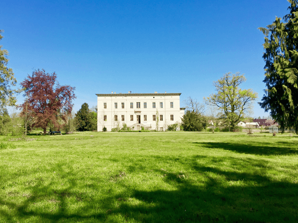 Ansicht des Schlosses Angern vom Park